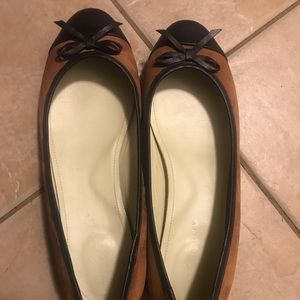 Poppy Barley Tan Suede Ballet Flats with Black Trim and Bow